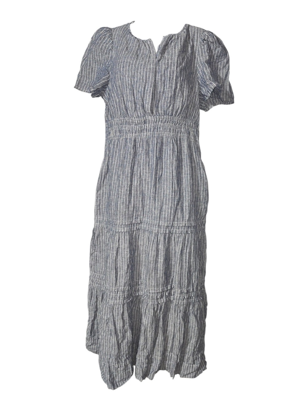 Quince Linen Tiered Maxi Dress In Chambray Stripe Sime M - Picture 6 of 11